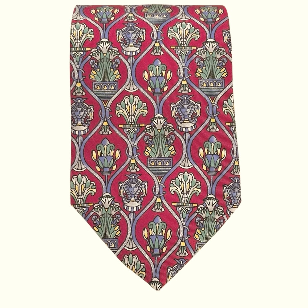 Christian Dior Vtg Silk Tie Classic Egyptian Antiquities Red Green Blue Yellow